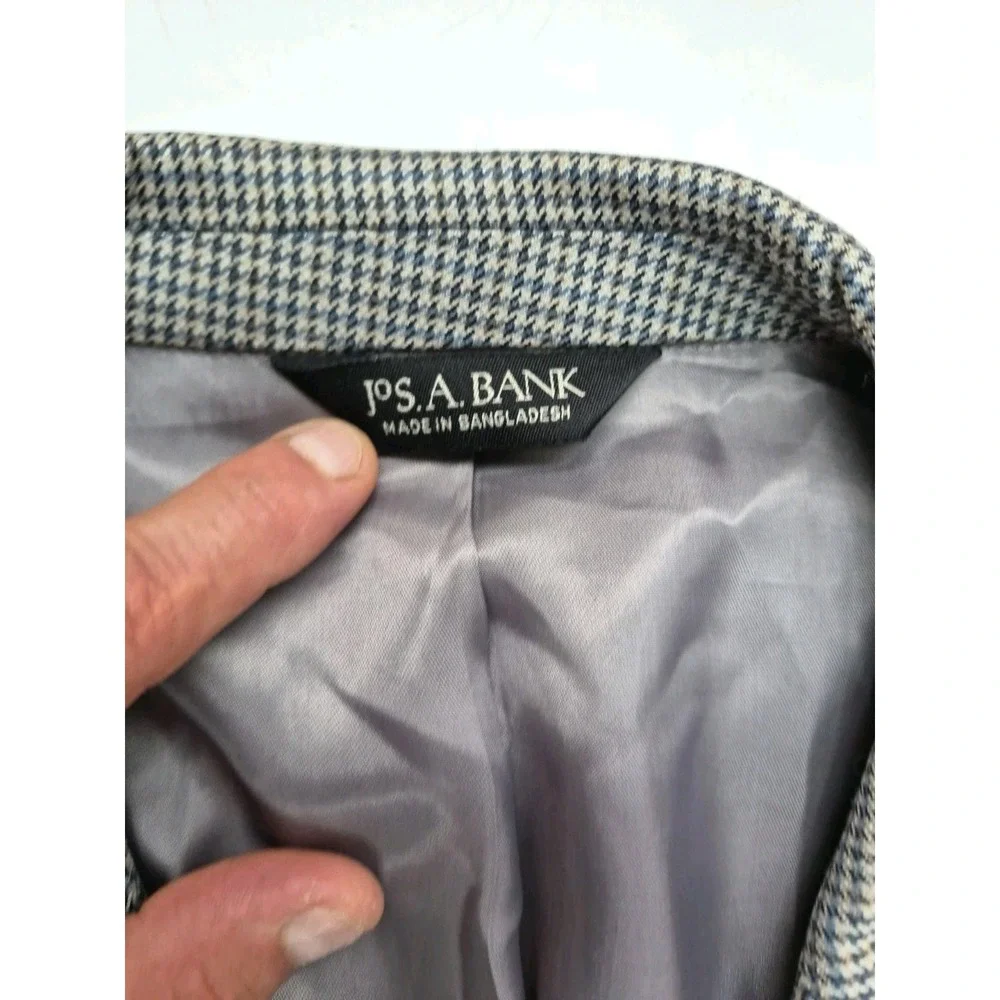 Jos A Bank Mens 42L Silk Wool Tailored Sport Coat Gray Blue Check Blazer